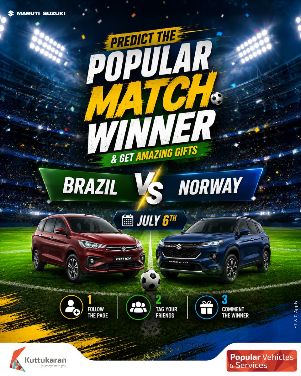 popularmaruti's tweet photo. Predict the winner and win exciting gifts!
Brazil vs Norway
July 6
How to participate:
โ
Follow the page
โ
Tag your friends
โ
Comment your winner prediction
#popularmaruti #MatchPrediction #FootballFever #PredictAndWin #Giveaway #GameOn #FootballFans #WinExcitingGifts https://t.co/6iLVhNpiYR