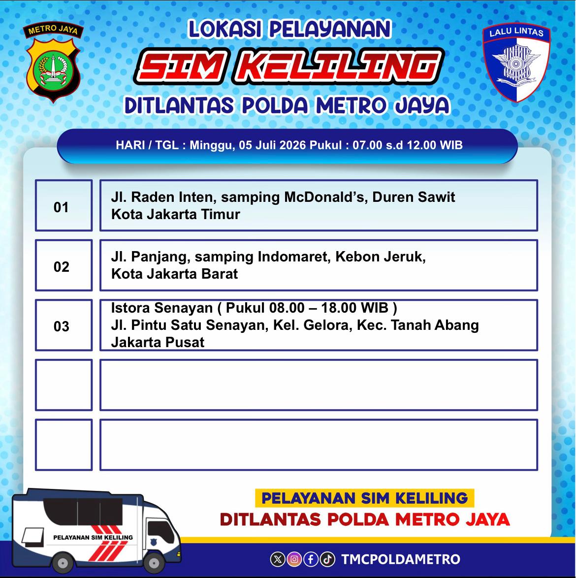 TMCPoldaMetro's tweet photo. Informasi Lokasi Pelayanan #SIMKeliling Dit Lantas Polda Metro Jaya Hari Minggu, 05 Juli 2026. https://t.co/Ht68CiEkaS