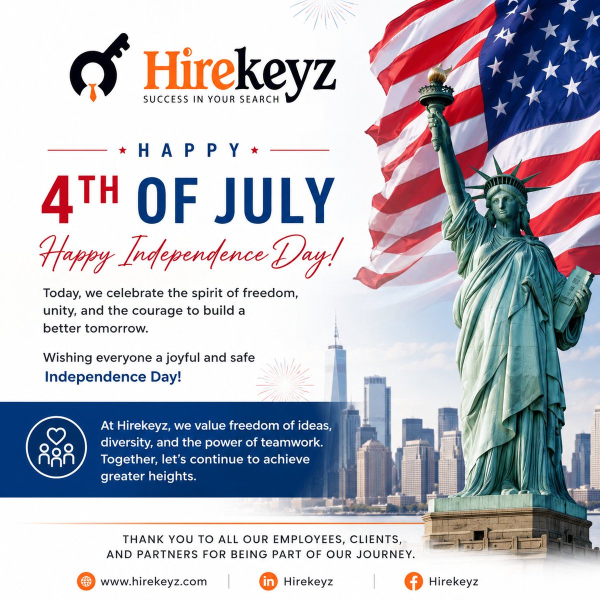 hirekeyz's tweet photo. Happy 4th of July from the HireKeyz team.

Here's to the freedom to build better careers and stronger teams.

Have a safe one. #IndependenceDay #Hiring https://t.co/43hueXqMEW