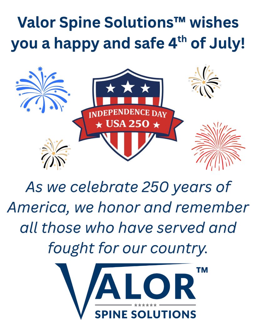 ValorSpine's tweet photo. Happy 4th! 🇺🇸

#veterans #veteran #veteranbackpain #chronicbackpain #chronicneckpain https://t.co/CDpLBJYMqx