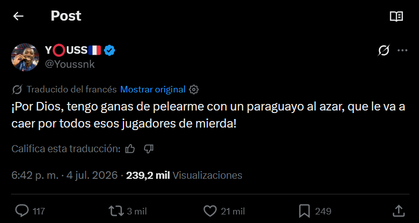 TTendenciaX's tweet photo. "Racistas":
Porque los franceses están posteando masivamente que se deberían agredir a los paraguayos, descalifican a sus jugadores y a sus aficionados. https://t.co/v7aSqcnCnQ