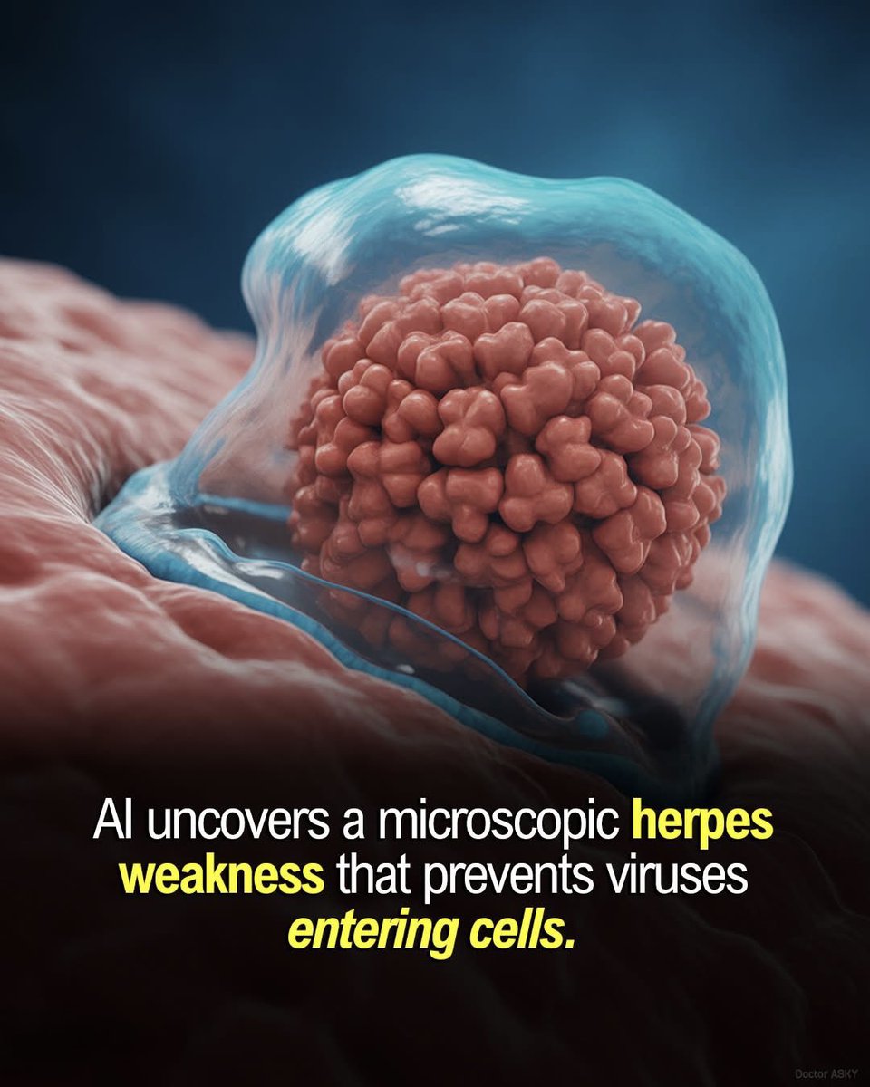 NextScience's tweet photo. 🚨 The Virus Had One Hidden Weak Spot… AI Just Found It

Scientists using artificial intelligence have discovered a microscopic weak point in the Herpes Simplex Virus. Deep inside the virus, there is a single amino acid that works like a key, helping it enter human cells. When researchers changed this tiny piece in lab tests, the virus could no longer infect cells. Just one small change… and the infection was stopped.

AI made this possible by quickly scanning thousands of molecular interactions, something that would normally take years. It’s a powerful reminder that sometimes the biggest breakthroughs come from the smallest details.But there’s still a mystery. Scientists now need to see if this works inside the human body, where viruses behave in more complex ways.
This discovery is just the beginning… but it could lead to future treatments that stop infections before they even start.

Source  (2025). AI-guided identification of a critical amino acid in herpes virus fusion protein.