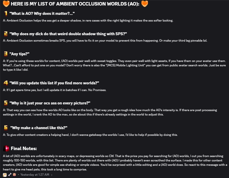 InuzuAD's tweet photo. 💡VRCHAT AMBIENT OCCLUSION CATALOGUE:
I made this list of all the (AO) worlds I found for vrc content creators, I got the idea off @st4rc4t5 and their amazing thread post! I have about 40+ worlds in here so far in my discord server. Hope this helps! <3
𝘿𝙞𝙨𝙘𝙤𝙧𝙙 𝙎𝙚𝙧𝙫𝙚𝙧: https://t.co/wKCk1hStmj

#vrchat #ambientocclusion #VRC #AO #VRClighting