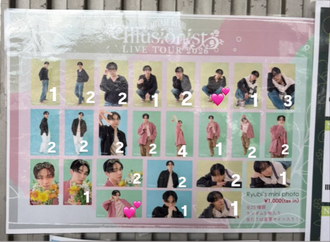 __mryb22's tweet photo. 宮世琉弥Illusionミニフォト交換

求   ︎💕︎
︎💕︎以外での番号がふっていると交換可能になります
交換は宮城ㆍ神奈川ㆍ大阪のツアーで手渡し交換となります
交換できる方は是非お願いしますᐡ⸝⸝ ᴗ ̫ ᴗ⸝⸝ᐡ🪄🎀
 #宮世琉弥  #Illusion https://t.co/FphGu9BUoy