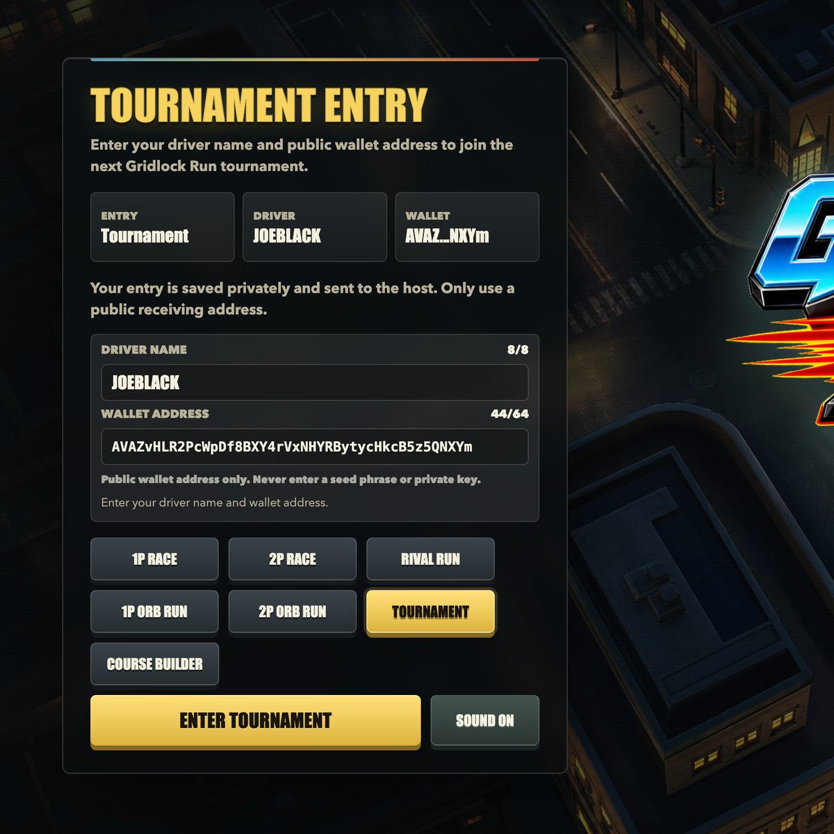GridLockRun's tweet photo. GridLock Run tournament beta is getting closer 🏁

Pick a racer name. Enter a public wallet address.
No wallet connect — just race for your best time.
Fastest valid runs climb the leaderboard. Top racers paid in SOL.

Browser game. Mid-July.
#GridLockRun #Solana #indiedev $SOL https://t.co/rZEZNUtkCw