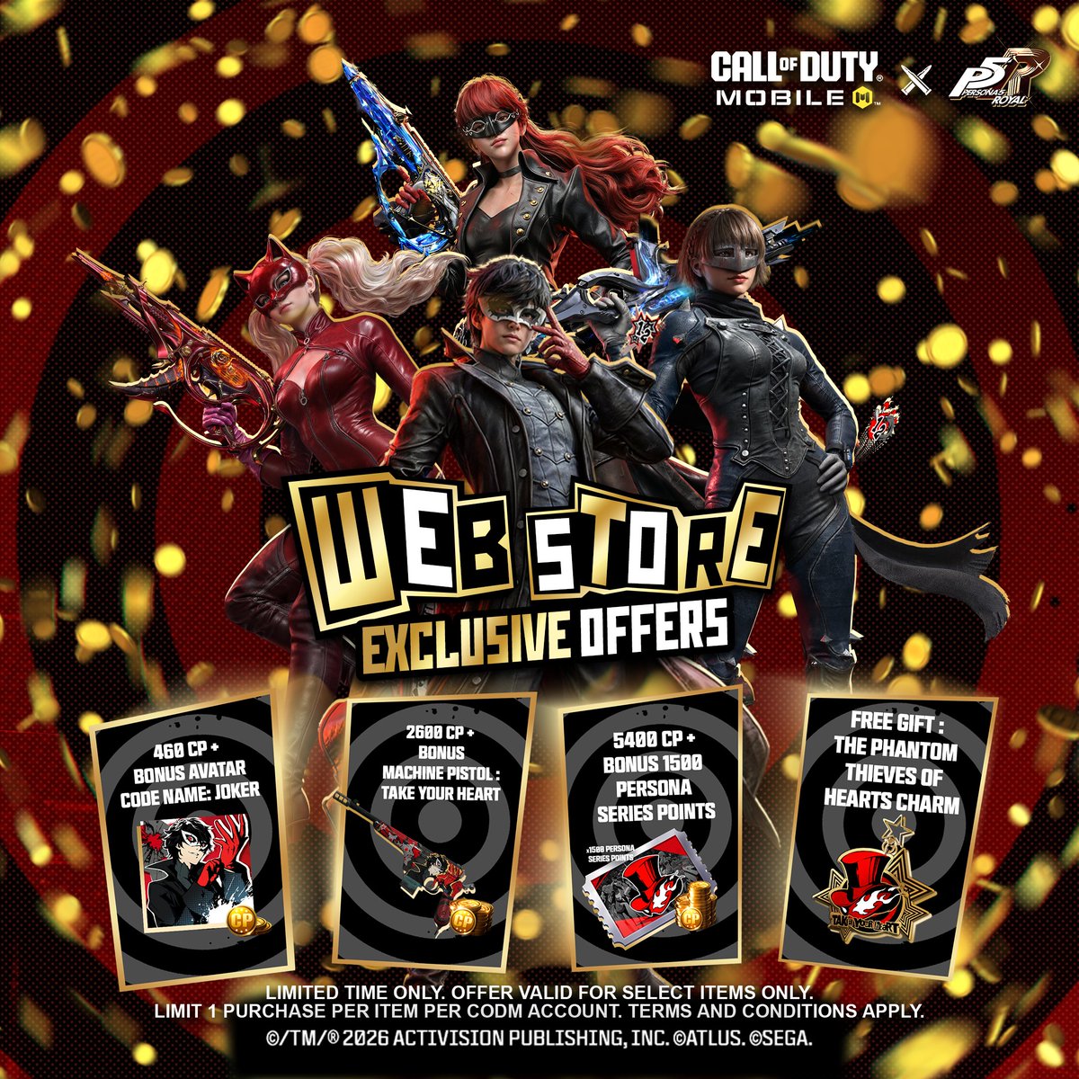 PlayCODMobile's tweet photo. The Phantom Thieves of Hearts always come prepared 🎭

Purchase exclusive bundles and claim a free gift on the CODM Web Store in Season 6: Take Your Heart: https://t.co/BUwPpfXBrT https://t.co/MiyVsayNPM