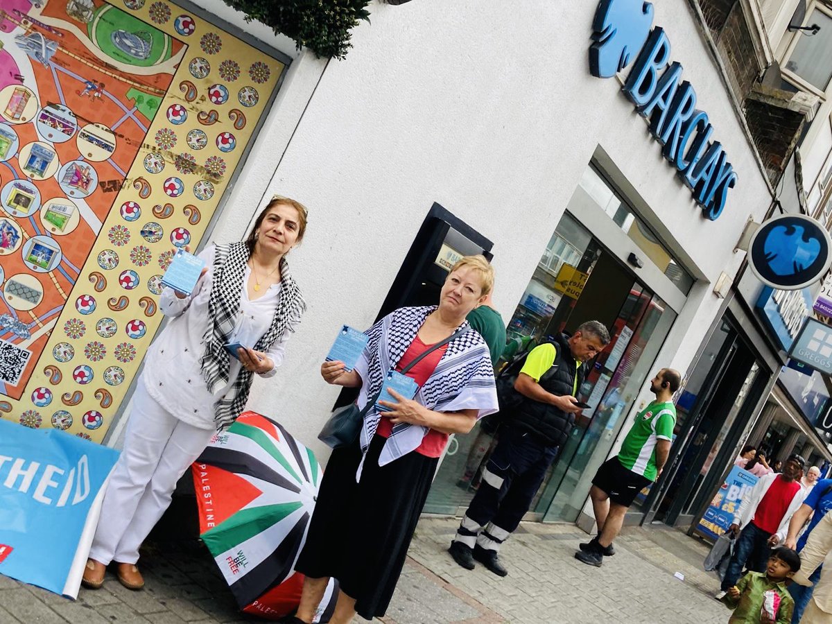 BrentHarrowPSC's tweet photo. It was recently revealed that Barclays has stopped underwriting Israeli government bonds. Our protests are working! Today, members joined us in Wembley and Harrow as part of the national #BoycottBarclays day of action to pressure the bank to #StopArmingIsrael. https://t.co/wxIXRmyrCi