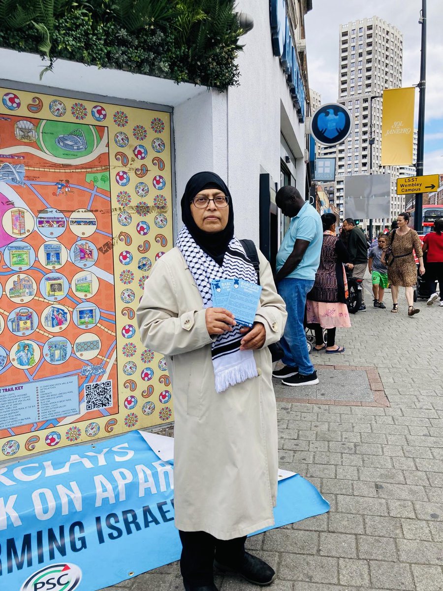 BrentHarrowPSC's tweet photo. It was recently revealed that Barclays has stopped underwriting Israeli government bonds. Our protests are working! Today, members joined us in Wembley and Harrow as part of the national #BoycottBarclays day of action to pressure the bank to #StopArmingIsrael. https://t.co/wxIXRmyrCi