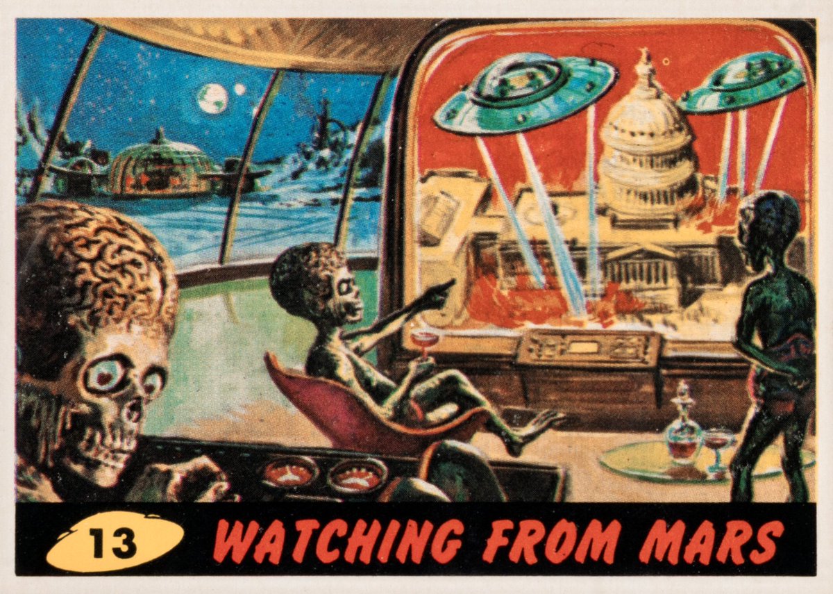 HumanoidHistory's tweet photo. Watching the fireworks from home on a Mars Attacks card, 1962. https://t.co/wCAexM9KPX