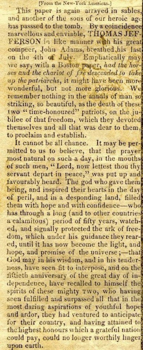 HistoryCalendar's tweet photo. Obituary of Thomas Jefferson, who, like John Adams, died on July 4, 1826. https://t.co/1AnjRngolr