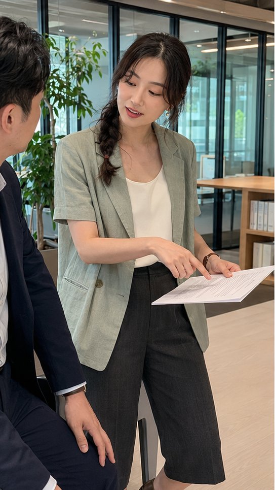 Karen38963453's tweet photo. セージリネンの半袖ジャケットとチャコールのナローキュロットで、7月も落ち着いて働けるオフィススタイル https://t.co/8zE5ZoUXe2