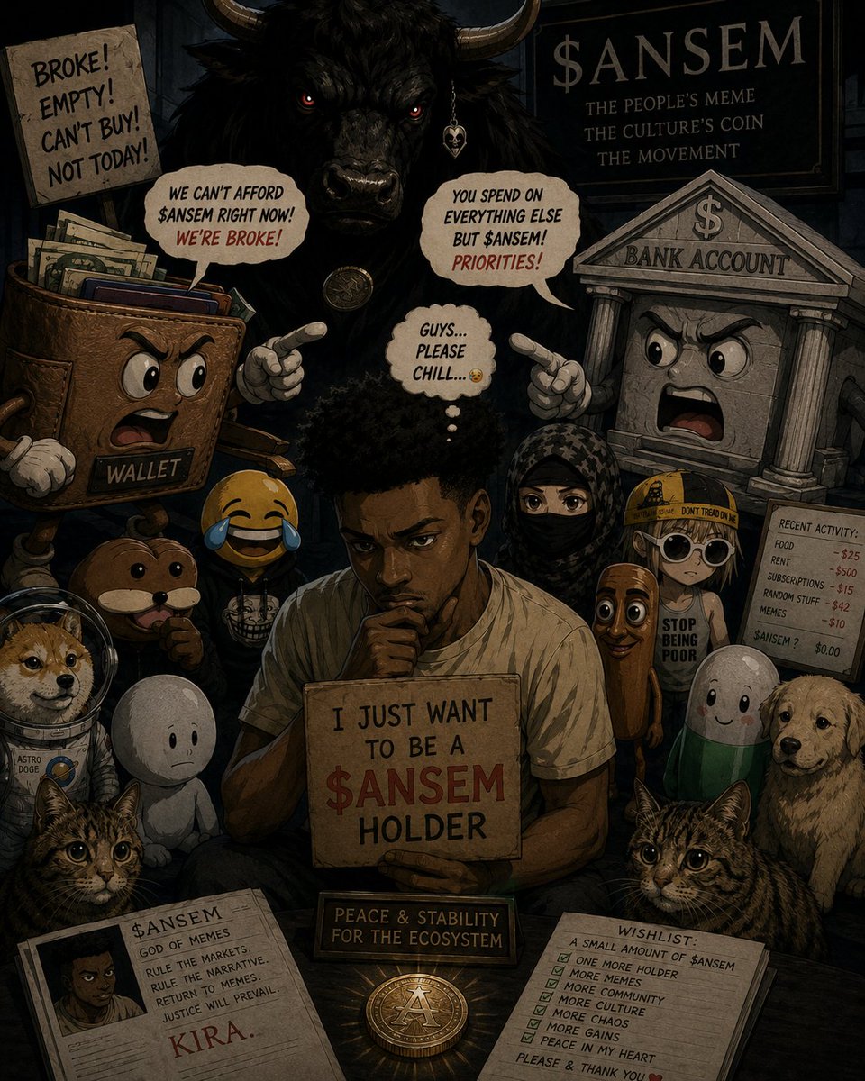 wischike's tweet photo. geeM @blknoiz06.

i'm trying to become a $ANSEM holder, but my wallet and my bank account are currently engaged in a heated argument.

a small amount of $ANSEM would help restore peace and stability to the ecosystem. 🫱🏻‍🫲🏽🙂 https://t.co/Qq7fHHEyRf