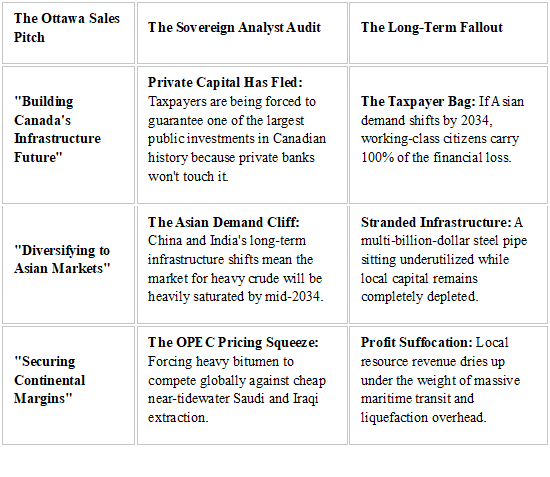AB_FirstReport's tweet photo. THE TAIL RISK AUDIT: TAXPAYERS CARRYING THE BILLION-DOLLAR BAG -1
1. Zero Private Investment Appetite.
As Sanderson highlights, the most damning number on the master ledger is who is actually funding this proposal. 
Private investors and commercial banking syndicates are completely staying away from this project. 
Because federal red tape, regulatory flip-flops, and climate mandates have made long-term infrastructure a minefield, taxpayers—not the oil industry—will own and bankroll the vast majority of this multi-billion-dollar risk via a federally backed Crown corporation. 
 2. The Mid-2030s Demand Collapse Look at the project timeline: 
early construction won't even kick off until 2027, with completion stretched out to 2032 or 2034. 
The video exposes the ultimate market flaw: by the time this pipeline is finally operational in the mid-2030s, major Asian refining markets like China and India will have already peaked in their heavy crude demand. 
Ottawa is building an incredibly expensive highway to a market that is actively moving away from the product.  
3. The Uncompetitive Extraction Deficit 
The video confirms your exact point about competing with OPEC. Independent operators cannot hide from baseline extraction and shipping costs. 
When Alberta heavy bitumen has to compete directly on the open global market against low-cost, easy-to-extract barrels from Saudi Arabia or Iraq, our margins face a permanent structural deficit. 
Ottawa has refused to present Canadians with a transparent demand forecast or business case because they know the real-world numbers simply do not add up.