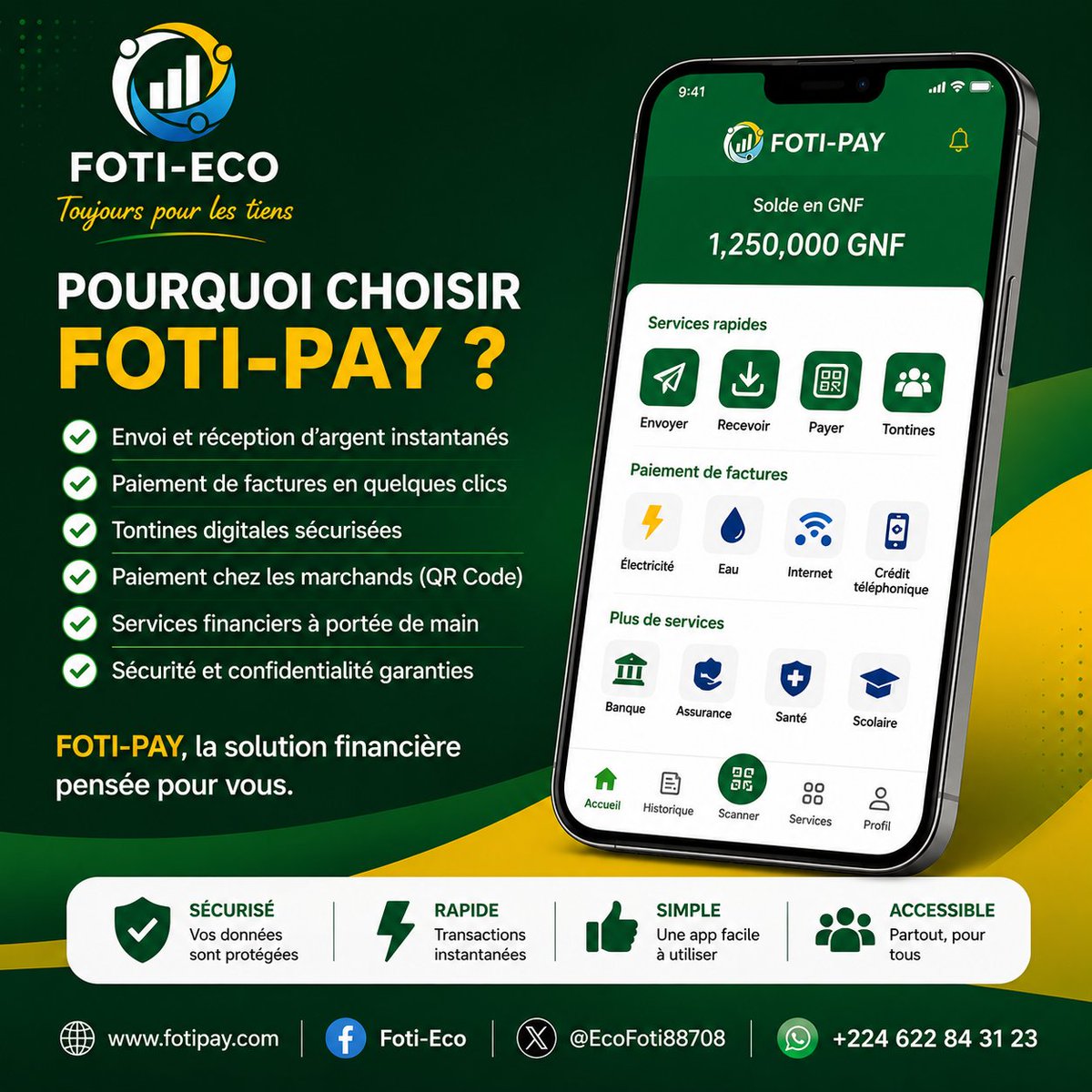 EcoFoti88708's tweet photo. 🟢 Pourquoi choisir FOTI-PAY ? 💛
Envoyer de l'argent, payer vos factures, gérer vos tontines... tout ça en quelques clics, où que vous soyez ! 📲

🔒 Sécurisé | ⚡ Rapide | 👍 Simple | 🌍 Accessible 
#FOTIPAY #FOTIECO #ToujoursPourLesTiens #FinanceDigitale #Guinée #MobileMoney https://t.co/UR4xWlaTDp
