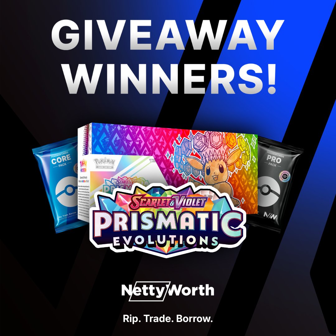 nettyworthapp's tweet photo. 🥳 Congratulations to our giveaway winners!

🥇Prismatic Evolutions Super Premium Collection: @bea_utymakeup22 (Instagram)
 🥈$150 Rip: @jayden_f_pikachu (Instagram)
 🥉$50 Rip: @FknCharizard (X)

Winners, please DM us within 72 hours to claim your prize.

Thank you to everyone who entered and supported the giveaway! 

See you on July 10 to Rip. Trade. Borrow.