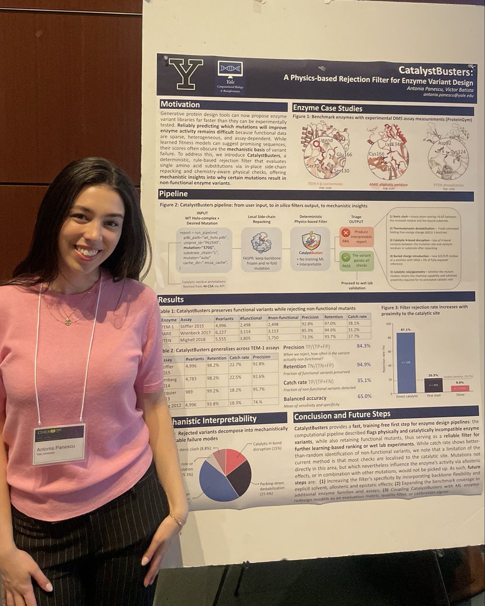 AF_Panescu's tweet photo. Had a great time attending ChemAI NYC 2026, presenting #CatalystBusters 

If you’re looking for a physics-based, deterministic benchmark for your ML-generated enzyme sequences, consider using this! https://t.co/tZw9939y6h