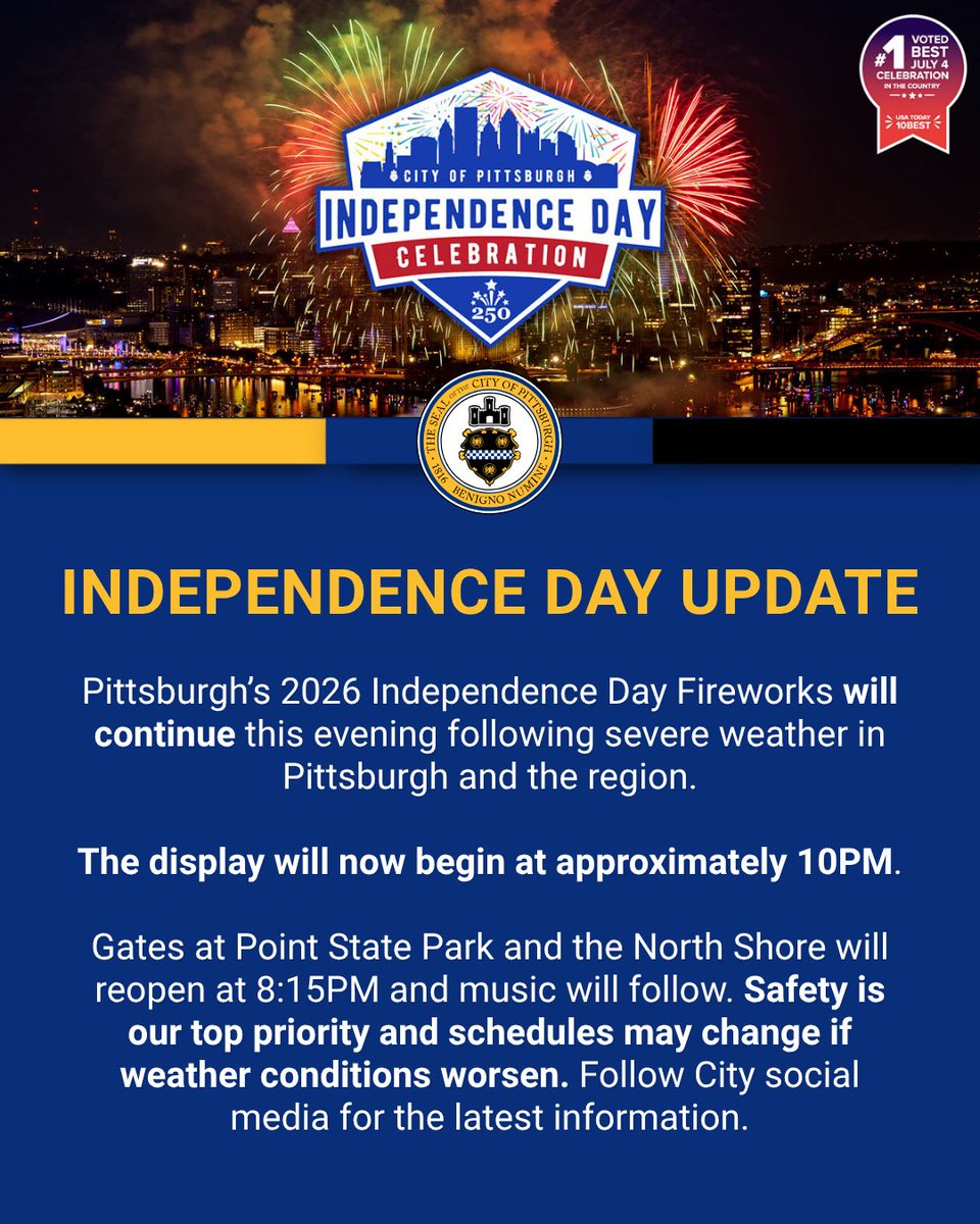 Pittsburgh's tweet photo. The show must go on! Following severe weather, gates will reopen at Point State Park &amp; the North Shore at 8:15PM.

Music will continue &amp; our largest fireworks show in decades will now kickoff at 10PM! https://t.co/VV0BDeS9mn