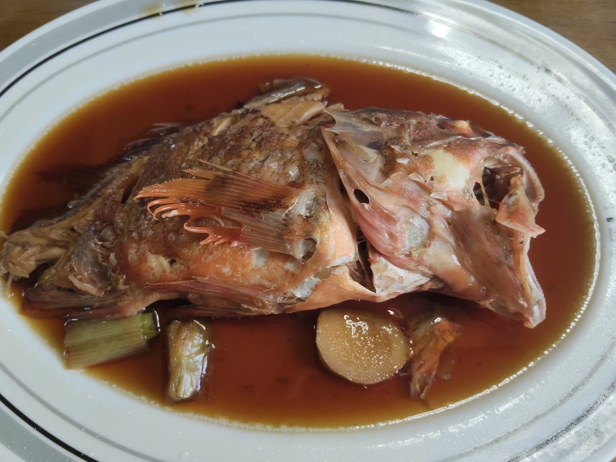 reach_ekimemo's tweet photo. カサゴの煮付け🍽️
昨夜駅ビルで半額だったので買ってきた、元値900くらい
ワタも取らずに鍋に投入。大きくて食べ応えあるわね、美味しい💃 https://t.co/mxnI6dhGdr
