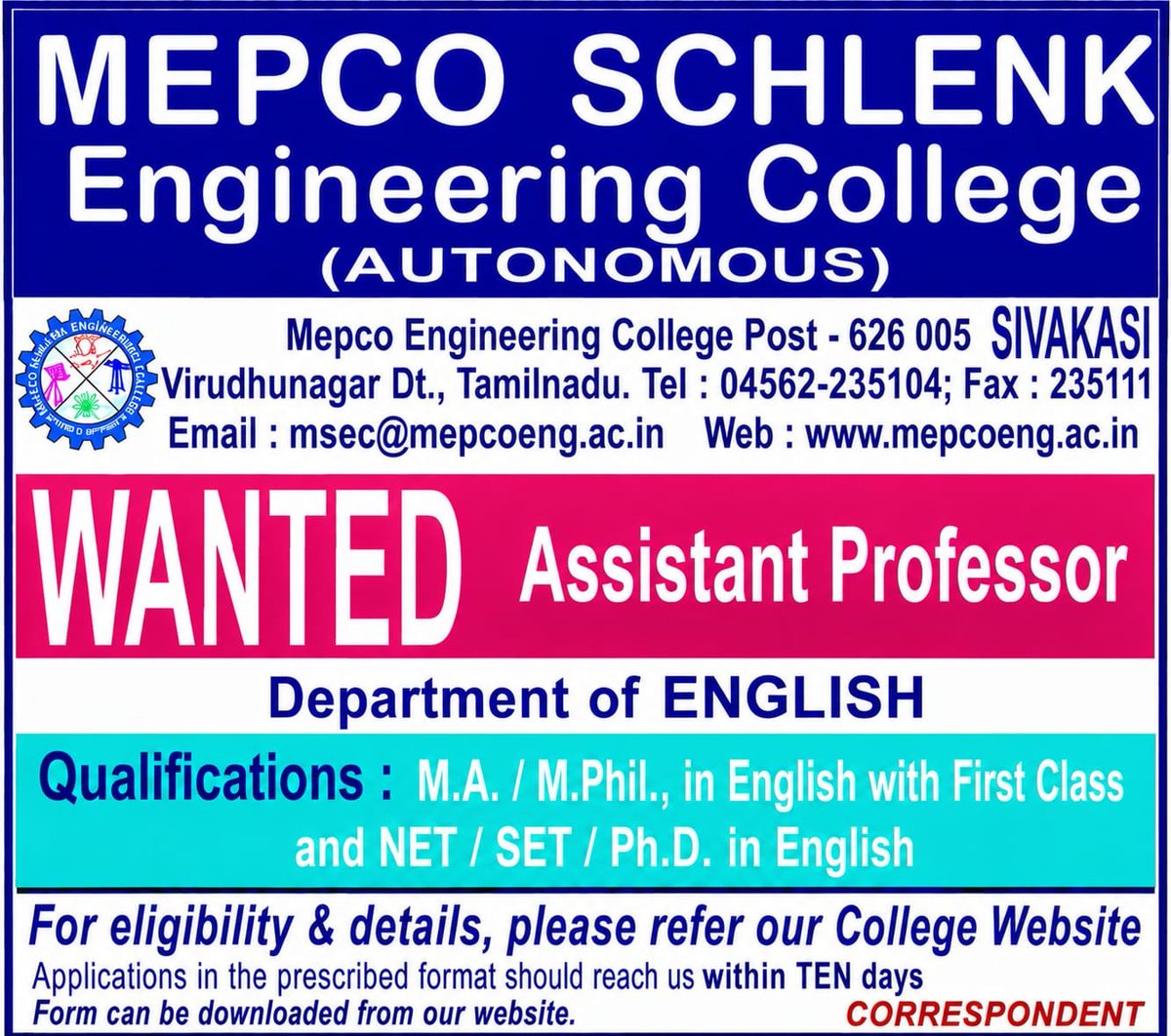 SchlenkMepco's tweet photo. We're hiring! Join the Department of English at Mepco Schlenk Engineering College and inspire the next generation of learners. Apply within 10 days and take the next step in your academic career.
#MepcoSchlenk #AssistantProfessor https://t.co/DKi69naKNL
