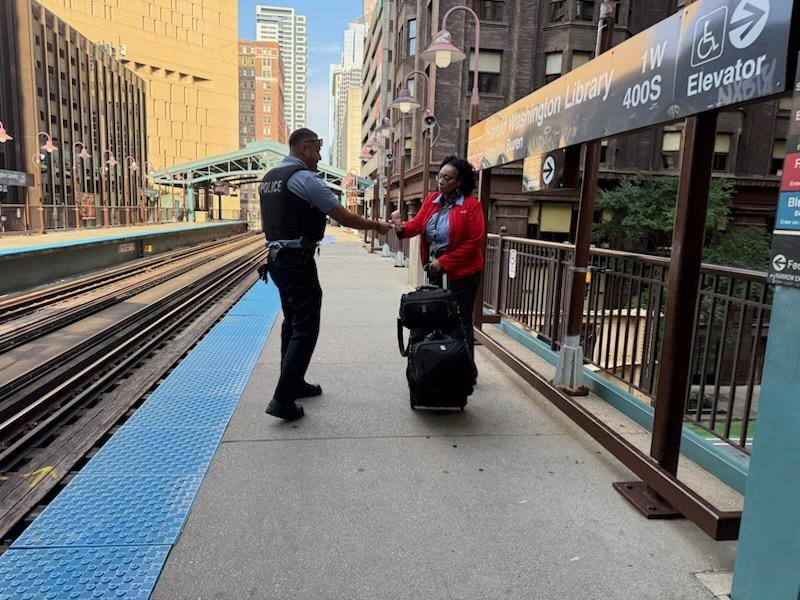 CPDTransit's tweet photo. Public Transportation Section Officers at Library-State and Van Buren conducting safety awareness outreach for the ridership. @Chicago_Police @CPD_BCT https://t.co/PR4xl5n9Km