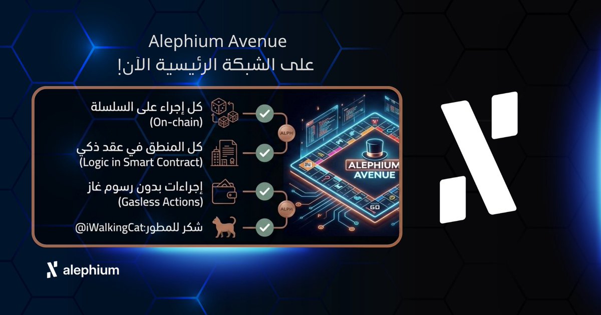 AlephiumArabia's tweet photo. 🎩 Alephium Avenue على الشبكة الرئيسية الآن!
لعبة على غرار مونوبولي، حيث:
🎲 كل إجراء يتم على السلسلة
🏘️ كل المنطق مخزّن في عقد ذكي
💰 معظم الإجراءات بدون رسوم غاز (gasless)
إشادة للمطور @iWalkingCat!
#أليفيوم #Alephium #ALPH #AlephiumAvenue #ألعاب https://t.co/zBn6qfehiu
