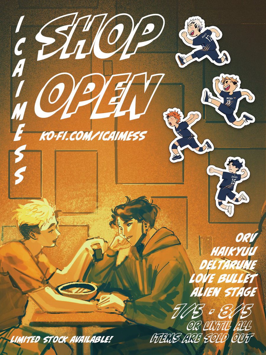 icaimess's tweet photo. ⭐️SHOP OPEN⭐️

After a lot of crashing out, the international shop is finally open! We got Haikyuu, Deltarune, ORV, Love Bullet and ALNST merch!
Use the code "OOMFLINGS" for 10% off of your order ✧  this code expires on July 15 <3

link in bio💫 https://t.co/wFj9nbmRYI