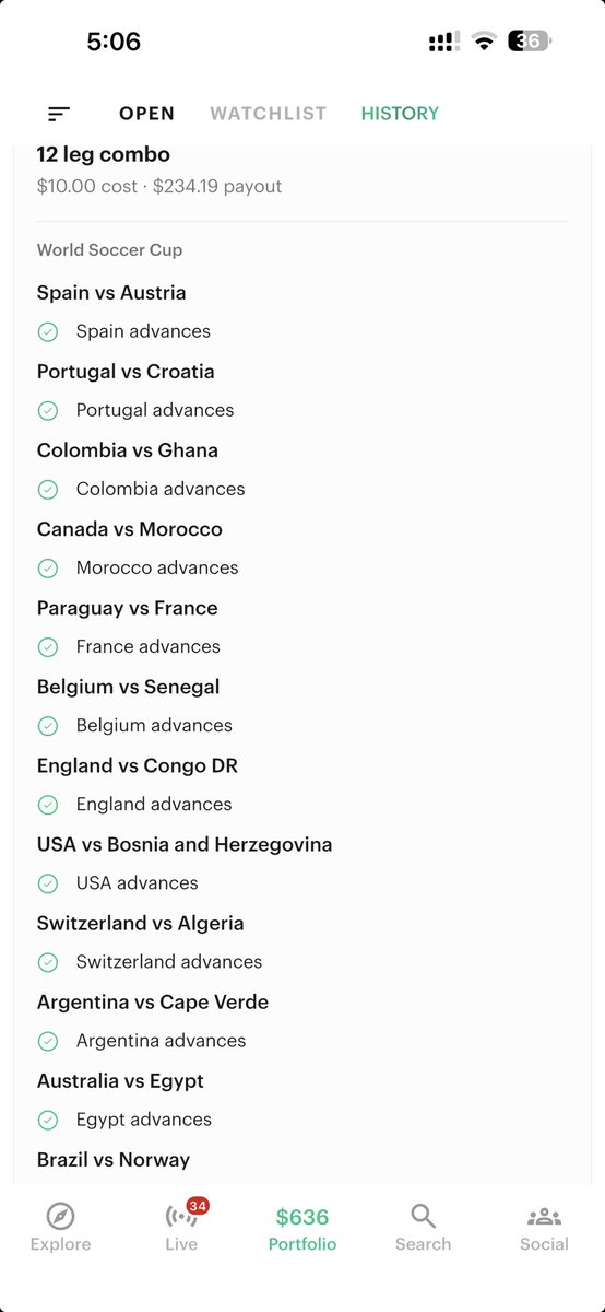 jstorres's tweet photo. Placed $10 on a 12 team ⁦@KalshiFooty⁩ parlay. One Brazil win from a nice dinner on Sunday night! #WC26 https://t.co/3vEWBx21AA
