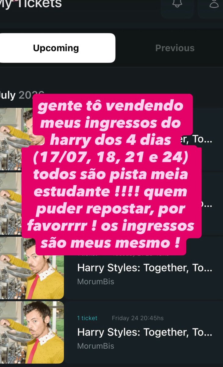 nicolevillela_'s tweet photo. VENDO INGRESSO HARRY STYLES PISTA 440 reais DIA 17/07, 18/07, 21/07 e 24/07

Os ingressos são de uma amiga minha e ela tá vendendo pq não vai mais poder ir pq vai trabalhar. Dispenso golpistas pq não nasci ontem, para os interessados eu mando o contato https://t.co/sC2Ip4FJU0