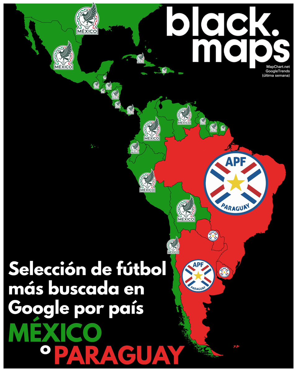 maps_black's tweet photo. Selección más buscada en Google por país (última semana)
🟢 México 🇲🇽 o 🔴 Paraguay 🇵🇾 https://t.co/85zpoFLKs6