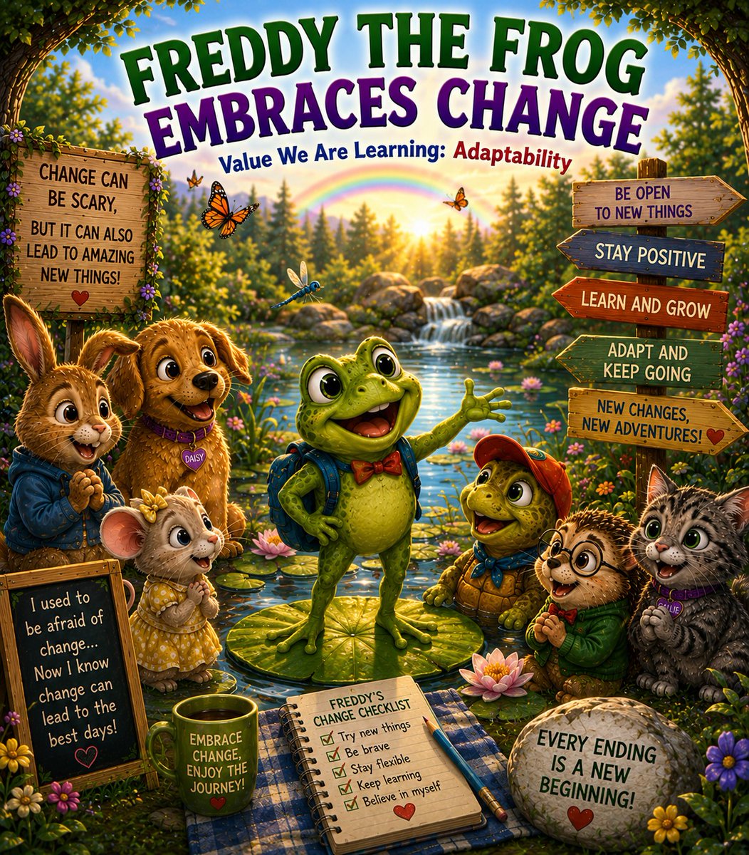 billconley7's tweet photo. FREDDY THE FROG EMBRACES CHANGE
VALUE WE ARE LEARNING:
Adaptability means being willing to adjust when life changes. Change can sometimes feel uncomfortable, scary, or unexpected, but it often brings new opportunities, friendships, and experiences. People who are adaptable learn how to stay positive and flexible when things do not go exactly as planned. Adaptability helps us grow, learn, and become stronger. In this story, Freddy discovers that some of life's greatest adventures begin when we embrace change instead of fearing it.

MORAL OF THE STORY:
Change is a natural part of life and often leads to wonderful new opportunities. While change can sometimes feel uncomfortable or scary, it helps us grow and learn. Adaptable people understand that they cannot control everything, but they can control how they respond. A positive attitude makes change easier to accept and enjoy. New experiences often introduce us to new friends, skills, and adventures. Every ending can become the beginning of something exciting. When we embrace change with courage and optimism, we discover possibilities we never imagined. A flexible heart is ready for life's greatest adventures.

Click below to read the rest of the story from my book. Pets We Love

https://t.co/us4WbuDFXD