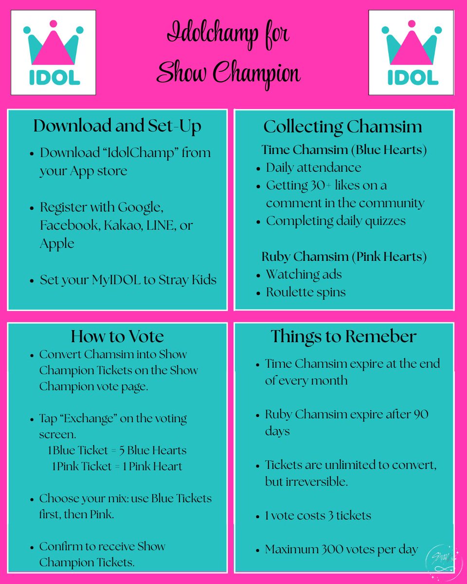 SKZ_Chaniverse's tweet photo. 🎤 Show! Champion Voting Prep

📱 Download:
💛 IDOLCHAMP

💡 What to do:

Collect Chamsim (voting hearts) daily through check-ins, ads, quizzes, and missions. These are needed for pre-voting, so it’s important to save them ahead of time.

You can also participate in special events inside the app that may give bonus Chamsim for voting periods.

🗳️ Reminder:
Show Champion voting is fully based on the IDOLCHAMP app, so make sure your Chamsim is ready before the pre-vote window opens.