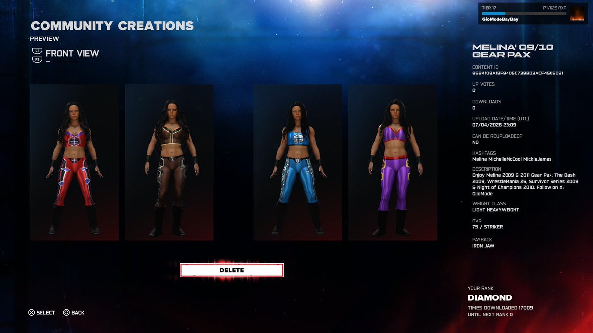 GiioMode's tweet photo. The Primal Scream! 🗣️
Melina 2009 and 2010 Gear Packs are available for download in #WWE2K26
Tags: Melina
Attire Creator: GioModeBayBay
#WWE #Melina #PrimalScream #Divas #WWEGames #WWEDivas #WomensWrestling #CommunityCAW #DivasEra https://t.co/rQ5cspgdQA