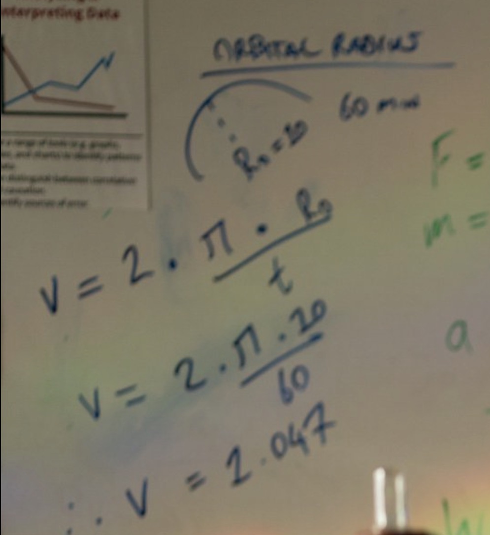 jammmatello's tweet photo. looking at this photo and falling in love with phm's prop and set design all over again.  all the details on the whiteboard??  the equation used for finding centrifugal acceleration?? the little card defining cosmonaut?? soo much love went into this film https://t.co/jhKgDLZQE3