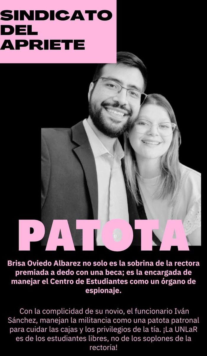 EstudianteUNLaR's tweet photo. 🚨 EL MILAGRO DEL FEUDO 🚨
Este lunes se consuma la farsa en la #UNLaR: concurso a medida para Natalia Albarez con jurado comprado (su director Ignacio Liendo). Nunca concursó y viola la ley, pero Quintela y su patota la blindan mientras vacían OSUNLaR. ¡Mirá los flyers! 🚜🔌❌ https://t.co/7akYZl5cNj