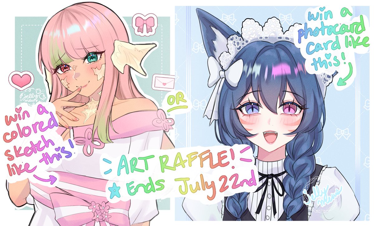 jellymews's tweet photo. ☁️ 🌸 ART RAFFLE 🌸 ☁️
I want to draw more girls!!
To enter:
🩵 like, retweet, follow me or my art acct @jellillies (optional)
🩵 comment your OC, refs, or wol below
🩵 picking 5 winners on July 22nd!!
#artraffle #artgiveaway #artmoots https://t.co/GQyutSNCLH