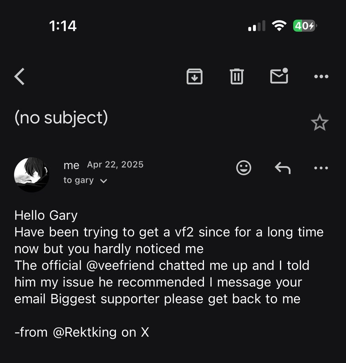 ogfad3d's tweet photo. @garyvee @veefriends Have been trying to get one for over a year now Gary 😅

0x57bb9e7666dd277e2a88b40ae790440548de8e6f https://t.co/lpb8nCO7dt