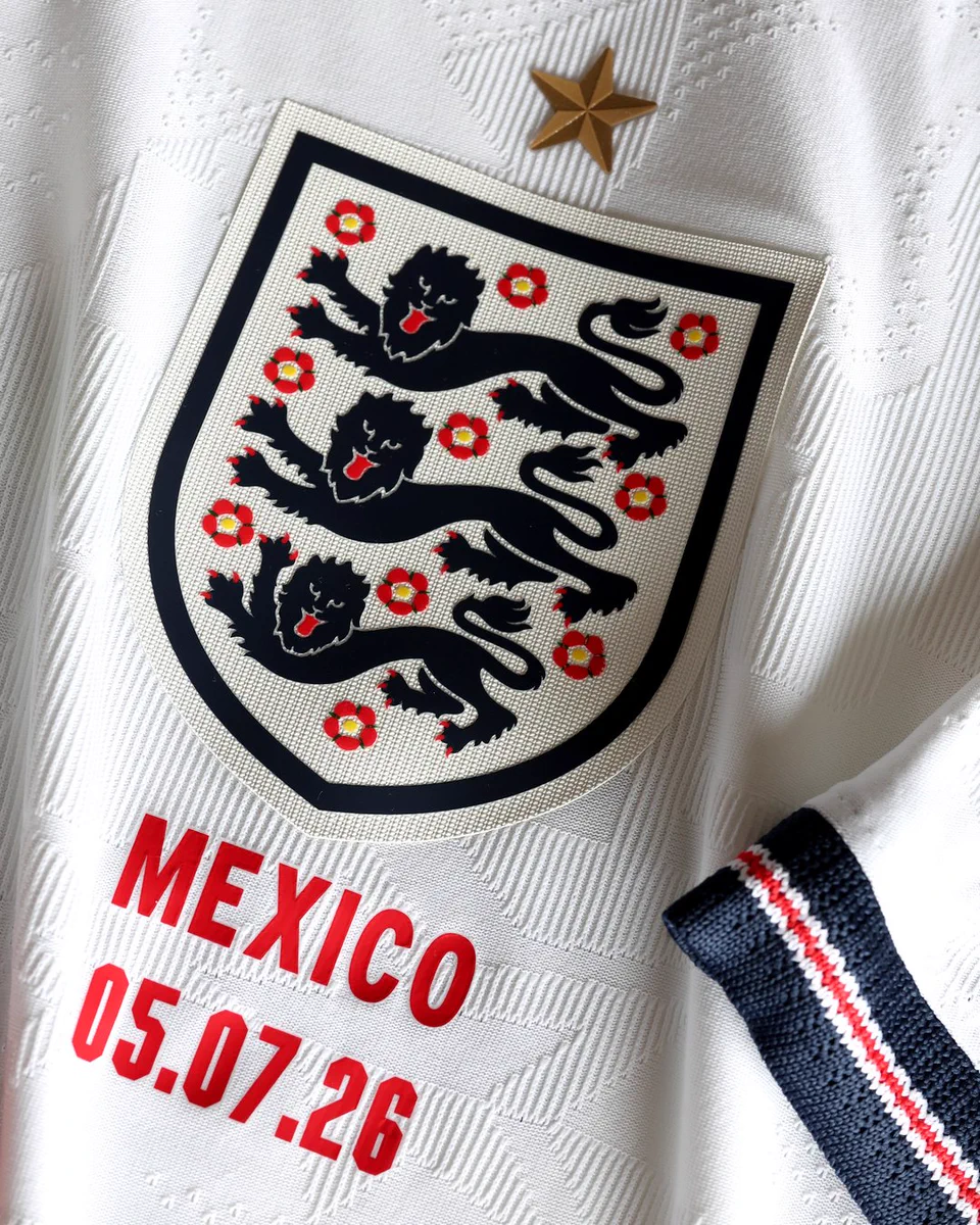England's matchday crest and printing for their FIFA World Cup Round of 16 match against Mexico. Dated 05.07.26. 