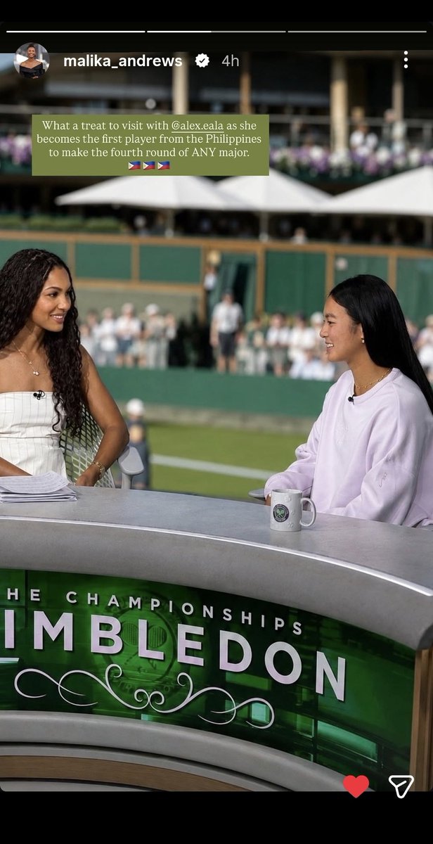 theo78's tweet photo. NBA Today host Malika Andrews, who is doing Wimbledon studio anchor duties for ESPN, with history maker Alex Eala. 🙂 Awesome. 🇵🇭🎾

📷 Malika Andrews IG https://t.co/CXHd5HYGiM