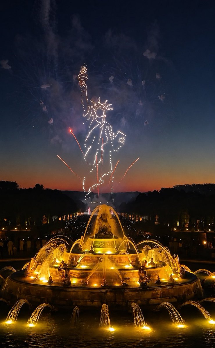 versaillescult's tweet photo. 🇫🇷🇺🇸 Ce soir, le château Versailles a célébré les 250 ans de l’Indépendance américaine aux Grandes Eaux Nocturnes. Un spectacle mêlant fontaines, drones et pyrotechnie.

#Versailles #chateaudeversailles #USA250 #IndependenceDay #France #USA #usa #drone https://t.co/Y2X6BJtwoE