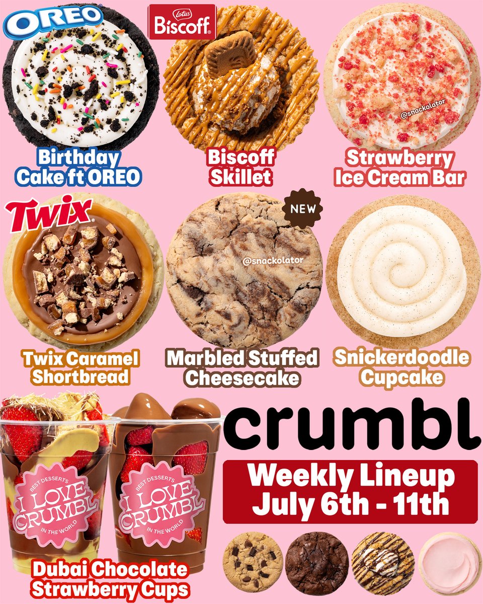 snackolator's tweet photo. Crumbl is dropping THREE collabs this week with OREO, Twix, and Biscoff along with a long awaited flavor making its return! Check out next week's lineup:

NEW Marbled Stuffed Cheesecake: Marbled cookie with brownie and vanilla cream cheese dough, stuffed with a creamy cheesecake filling

Biscoff Skillet: Lightly spiced Biscoff cookie topped with fluffy mousse, finished with Biscoff pieces and a drizzle of Biscoff

Caramel Shortbread ft. TWIX: A shortbread-inspired cookie filled with TWIX pieces, then topped with a gooey layer of caramel, chilly milk chocolate, and crunchy chopped TWIX pieces.

Strawberry Ice Cream Bar: A chilled cookie packed with strawberry and vanilla, layered with whipped white drop buttercream, and topped with a strawberry and vanilla streusel crunch

Birthday Cake (ft. OREO®): A thick OREO cookie covered in cake batter cream cheese frosting and topped with OREO cookie crumbs and rainbow sprinkles

Snickerdoodle Cupcake: Warm cinnamon sugar cookie topped with cream cheese frosting and an extra dash of cinnamon sugar

This week's thins are S'mores Thins with a marshmallow in the middle!

The Dubai Chocolate Strawberry Cups are also available for another week if you haven't tried them yet.

Are you making a @crumbl run this week?

#crumbl #crumblcookies #cookies #dubaichocolate #oreo