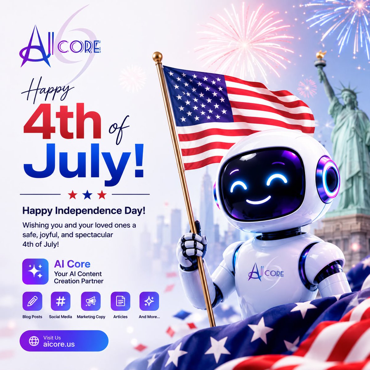 Aicoreus's tweet photo. Happy 4th Of July! 🇺🇸

Visit us at -
🌐https://t.co/osjoIJdwmR

or email us at -
📧info@aicore.us

#happyindependenceday #4thjuly2026 #july #thofjuly #independenceday #americanflag #happybirthdayamerica #happyfourthofjuly #happyfourth #letfreedomring #fourthofjulyweekend https://t.co/ydsDBNV5ZD