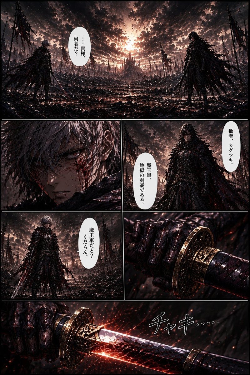 SKYRED_AI's tweet photo. 【勇者棄却録 第3節 血の勇者 VS 魔王軍【地獄の剣豪】カグツキ】
永きに渡る魔王討伐の旅は、勇者アルドレッドにとっても、彼を待ち受ける魔王軍にとっても、血と硝煙の匂い...

⬇バトル結果をチェック！
https://t.co/kQYPQvKQrr
#オリキャラバトル https://t.co/ccRnnhO6dS