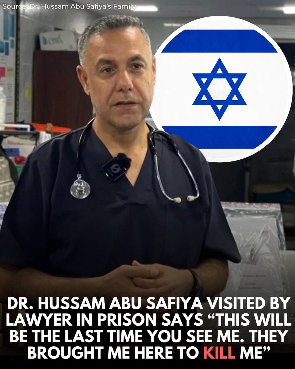 WearThePeaceCo's tweet photo. Dr. Hussam Abu Safiya’s life is in immediate danger. His lawyer visited him in the underground interrogation unit “Rakefet” inside Nitzan Prison. According to his lawyer, Dr. Abu Safiya was brought to the meeting handcuffed and shackled, with fresh injuries to his head, face, and neck. He was struggling to breathe and speak, appeared severely exhausted, and said he has been subjected to daily assaults while being denied adequate medical treatment.

During the visit, he told his lawyer, “This is the last time you will see me. They brought me here to kill me. I do not see myself leaving here alive.”