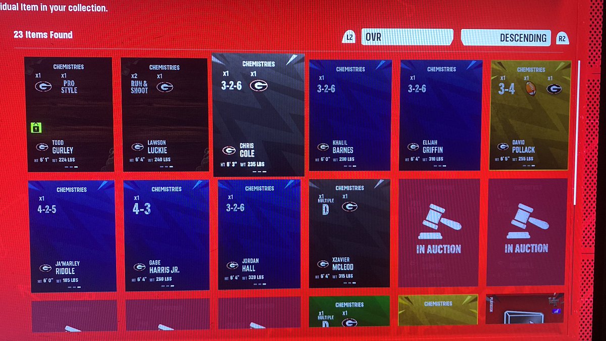 dannymath0's tweet photo. More context, I did it with Khalil Barnes through Jordan Hall. The Pollack card has UGA chem as it is supposed to after being submitted into the scheme master set(s) but all the core elites do not. (Barnes, Griffin, Riddle, Harris, Hall) @CFBDirect @EASPORTS_CUT https://t.co/6QzPo46hVm