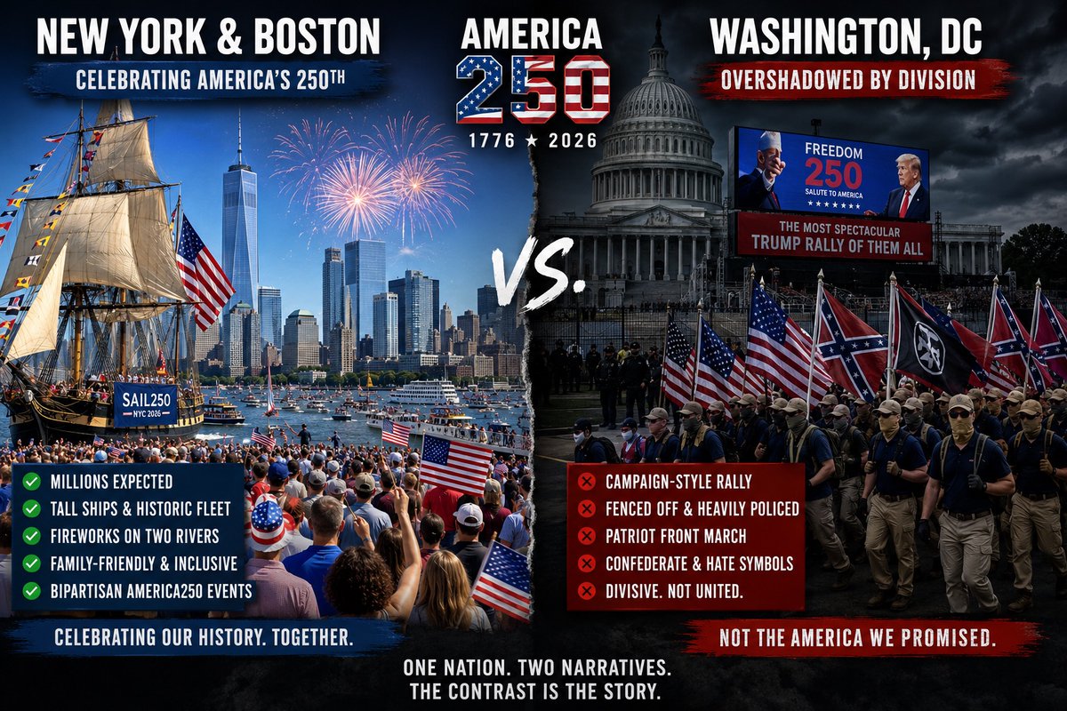 SkylineReport's tweet photo. America had a choice on its 250th birthday.

New York and Boston filled their streets with tall ships, fireworks, history, and millions celebrating the country we aspire to be.

Washington?

The headlines weren't about unity. They were about Trump's campaign-style rally and a masked Patriot Front march through the nation's capital.

One America celebrated our founding.

The other reminded the world how easily extremists hijack the spotlight.

That's not a coincidence.