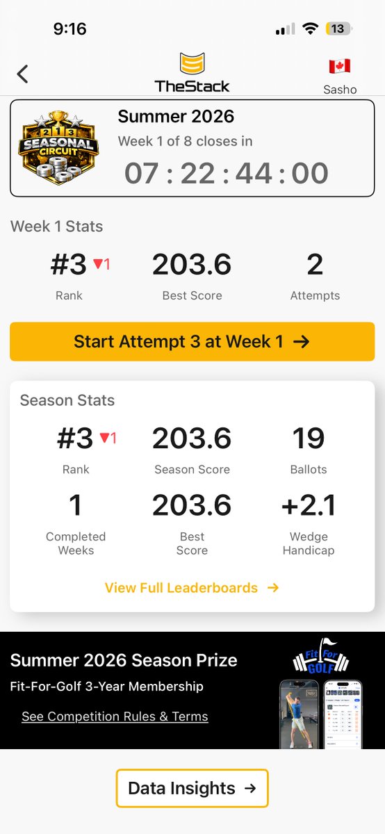 SashoMacKenzie's tweet photo. Who’s jumping into Week 1 of Summer Seasonal Circuit? ☀️

Just finished my first two attempts in the Week 1 Combine and I’m currently sitting 3rd with a 203.6.

Eight weeks. Best 6 scores count. Unlimited attempts. Weekly leaderboards. Season-long competition.

The better you perform, the more ballots you earn for the season prize draw—a 3-year @Fit_For_Golf membership.

Looking forward to competing with Stackers from around the world.

This is seriously fun wedge practice. 

#TheStackSystem #GolfPractice #WedgeGame #GolfTraining