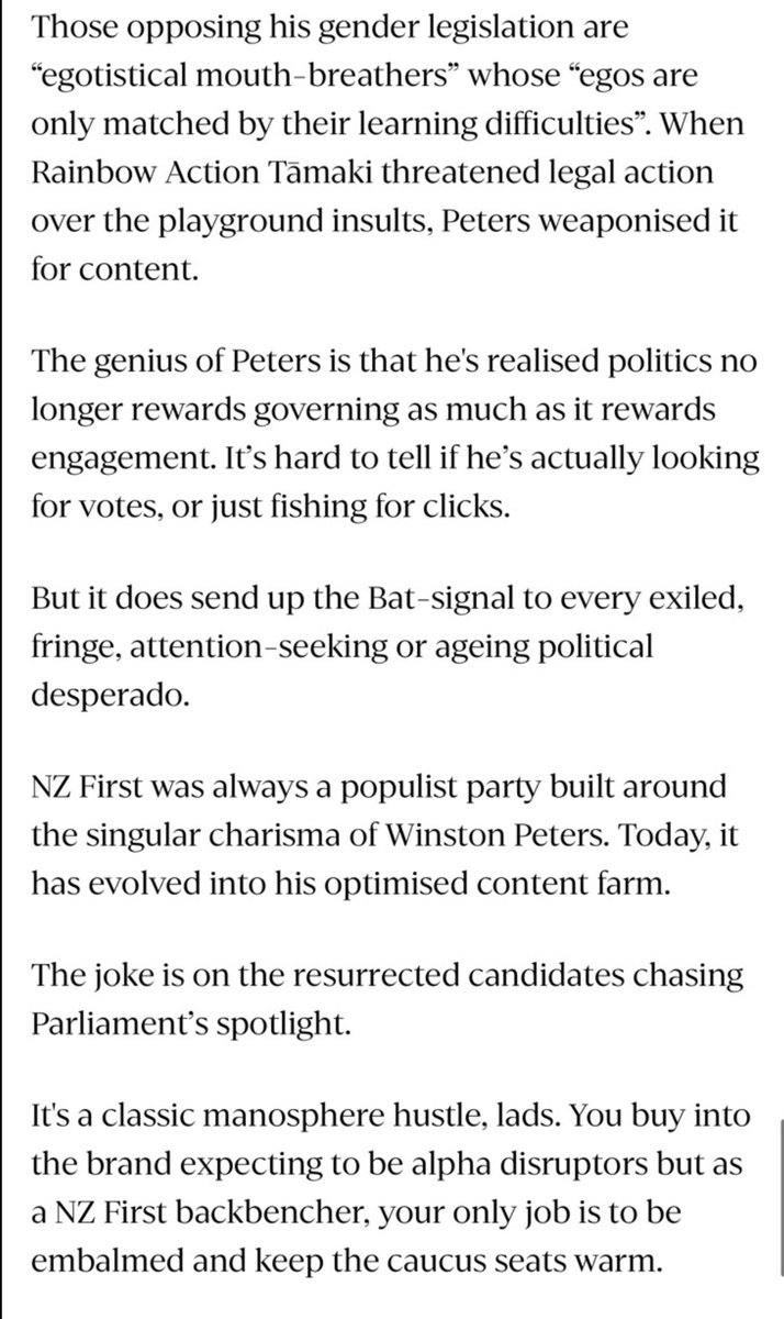 2ETEKA's tweet photo. It’s pretty obvious the woke wanker Establishment has its panties in a bunch over Michael Laws running for NZ First. 

First Heather, The Herald, opinion and now that fantasist loon Andrea Vance. 

The herald warned today that NZ First voters will be put off by Laws, because, and this is the most hilarious part “NZ First voters don’t want to lose RNZ”

Also “Laws doesn’t understand the media landscape” -  This from the MSM which surveys have shown 70% of us DO NOT TRUST, and a vast amount actively detest. 

the man has spent decades on media, top rating shows on most radio networks, widely read columns esp on the Sunday Star times for years, written best sellers and has provided much needed intellectual heft on issues no one in MSM could never find the courage to cover, or have the capacity to articulate. 

Bwhahahahaha! oh yes! I live to listen to that whack job John Campbell and the cacophony of other far left fuckwits on Red radio….. 

Laws v Campbell
Laws v Tame 

Bring it on.