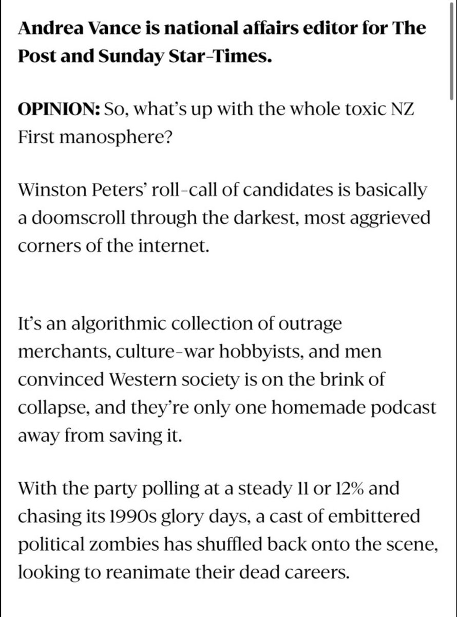 2ETEKA's tweet photo. It’s pretty obvious the woke wanker Establishment has its panties in a bunch over Michael Laws running for NZ First. 

First Heather, The Herald, opinion and now that fantasist loon Andrea Vance. 

The herald warned today that NZ First voters will be put off by Laws, because, and this is the most hilarious part “NZ First voters don’t want to lose RNZ”

Also “Laws doesn’t understand the media landscape” -  This from the MSM which surveys have shown 70% of us DO NOT TRUST, and a vast amount actively detest. 

the man has spent decades on media, top rating shows on most radio networks, widely read columns esp on the Sunday Star times for years, written best sellers and has provided much needed intellectual heft on issues no one in MSM could never find the courage to cover, or have the capacity to articulate. 

Bwhahahahaha! oh yes! I live to listen to that whack job John Campbell and the cacophony of other far left fuckwits on Red radio….. 

Laws v Campbell
Laws v Tame 

Bring it on.