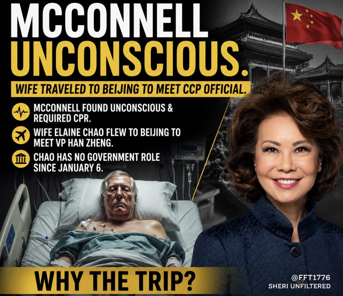 FFT1776's tweet photo. 🔥SUSPICIOUS AS HELL🔥

Three days after Mitch McConnell is found UNCONSCIOUS in his home, rushed to the hospital with CPR in progress, HIS WIFE, Elaine Chao jets off to BEIJING to cozy up with CCP bigwig Han Zheng?!

While her husband fights for his life, she’s meeting with Chinese Communist leadership?

🚨WHAT THE ACTUAL HELL IS GOING ON?!🚨

The Chao family’s shipping empire has deep ties to China for YEARS.
Backroom deals? 
Handlers getting instructions? 
Or just “coincidence” while America’s interests get sold out?

This stinks of CORRUPTION and America Last RINO garbage! 

What do YOU think is really happening?