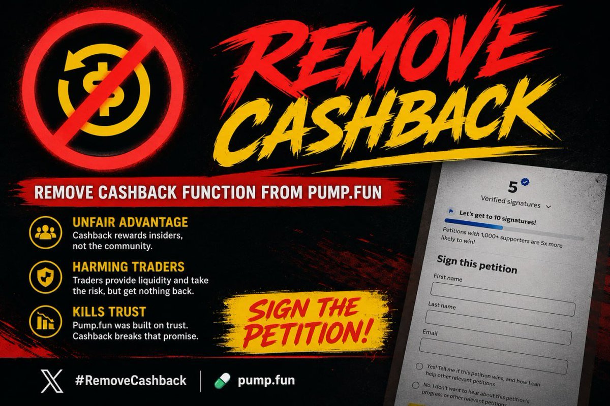 removecashbackk's tweet photo. A previous guy had the right idea: launch a token around the movement except they bundled 60% 

We're doing it the right way.

Sign the petition using your wallet address as your name. Everyone who participates will receive a share of rewards.

#RemoveCashback https://t.co/UBHaejKcVH